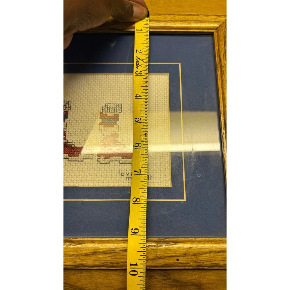 Handmade Basketball Cross Stitch Framed Art 16x8 Blue Red Wood 90s Vintage‎ Good
